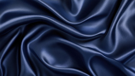 This image features an elegant deep blue satin fabric, showcasing smooth textures and flowing folds, ideal for fashion, interior design, or artistic projects.の素材
