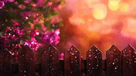 A charming wooden fence glistens with rain drops, surrounded by vibrant flowers under a glowing sunset. The artistic bokeh adds an enchanting atmosphere.の素材