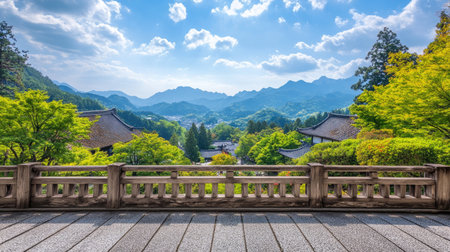 This breathtaking mountain view features traditional architecture surrounded by lush greenery. Enjoy a serene escape into nature's beauty and tranquility.の素材