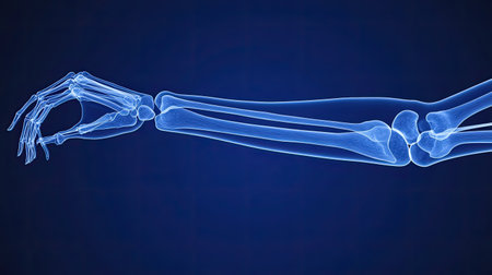 This x-ray image showcases a detailed view of a human arm and hand, highlighting the intricate structure of bones and joints for educational and medical purposes.の素材