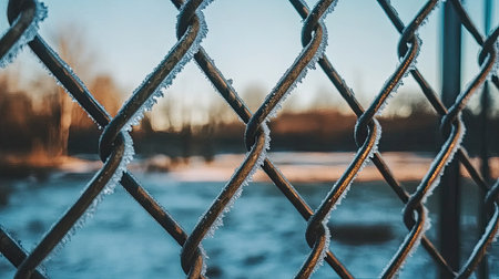 Frost-covered chain link fence captured in a serene winter landscape, showcasing the intricate details of metal against a soft, blurred background.の素材