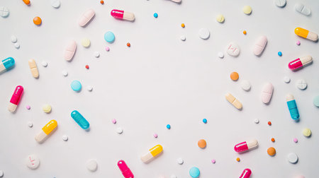 A vibrant collection of various pills and capsules scattered on a clean white background, showcasing the diversity of medicine and supplements available for health and wellness.の素材