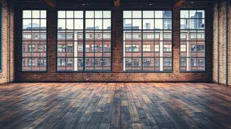 A spacious urban loft featuring large windows that flood the room with natural light. The combination of wooden floors and brick walls creates an inviting atmosphere.の素材