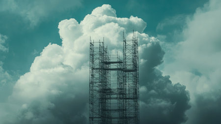 A striking silhouette of a scaffolding structure stands tall against a dramatic, cloudy sky, showcasing the intersection of industrial design and atmospheric beauty.の素材