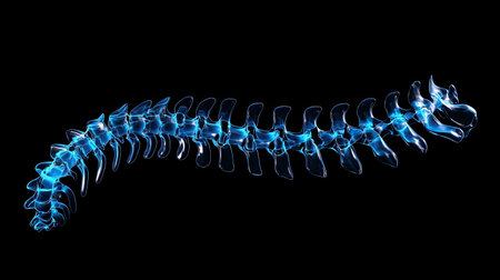 This image showcases a blue abstract 3D representation of a human spine, emphasizing anatomy and structure. It offers a futuristic and artistic view for educational or medical usages.の素材