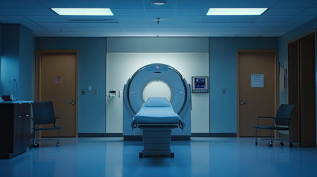 This image showcases a modern medical imaging room featuring a CT scanner and patient bed. The sterile environment promotes safety and comfort.の素材