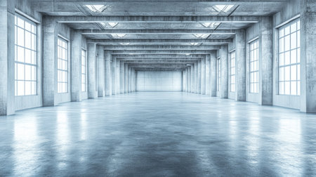 A vast and empty industrial room showcasing smooth concrete floors and tall windows. This minimalist space features an aura of openness and tranquility, ideal for various design concepts.の素材