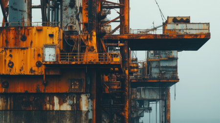 This image features a weathered oil rig characterized by its rusty metal and intricate machinery, set against a foggy marine backdrop, emphasizing industrial decay.の素材