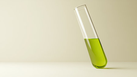 A clear test tube filled with vibrant green liquid is positioned on a simple background, representing laboratory science and research. Perfect for educational or scientific use.の素材