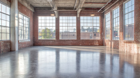 A spacious industrial loft featuring large windows that fill the area with natural sunlight, highlighting the sleek concrete floor and brick walls.の素材