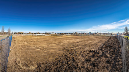 Expansive empty land parcel under a clear blue sky, showcasing an urban skyline in the background. Ideal for projects or nature themes.の素材