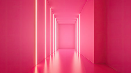 A stunning bright pink hallway featuring glowing neon lights and a glossy floor reflection, creating a vibrant and modern aesthetic perfect for artistic projects.の素材