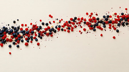 A visually appealing composition of mixed berries arranged on a light surface. This image captures the vibrant colors and natural beauty of raspberries and blueberries, perfect for food-related content.の素材