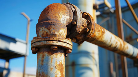 A close-up of a rusty industrial pipe joint against a clear blue sky. The weathered metal exhibits unique textures and details typical of aging structures.の素材