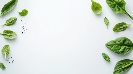A collection of fresh green leaves, including spinach and herbs, arranged artistically on a light background, perfect for cooking and healthy meal inspirations.の素材