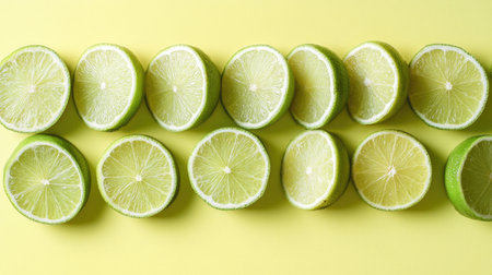 Vibrant lime slices are neatly arranged on a bright yellow background, showcasing their juicy texture and zesty appeal, perfect for enhancing culinary creations.の素材