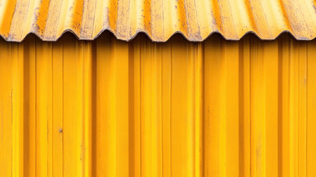 Bright yellow corrugated metal roof showcases rustic texture and shadows, perfect for backgrounds, construction themes, and vibrant industrial designs.の素材