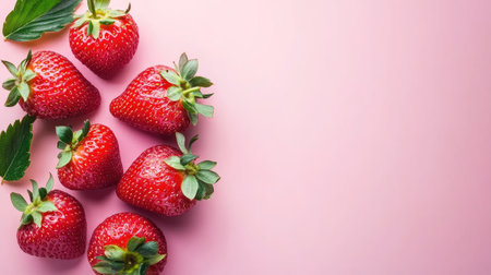 Luscious and ripe strawberries arranged beautifully on a soft pink background. Perfect for promoting healthy eating, fresh snacks, or culinary recipes.の素材