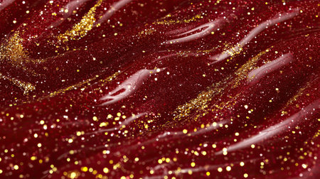 This stunning abstract image features a rich red liquid mixed with gold sparkles, creating a luxurious and festive atmosphere perfect for artistic projects.の素材