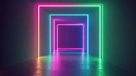 A stunning neon light tunnel showcasing vibrant colors and a reflective floor, creating a modern and surreal atmosphere perfect for artistic projects.の素材