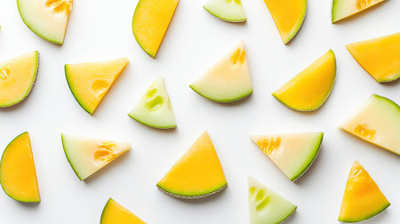 Vibrant and fresh slices of melon arranged neatly on a white background, showcasing the colorful textures and healthy appeal of this tasty fruit. Perfect for summer themes.の素材