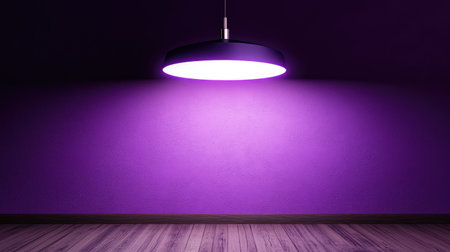 A modern pendant light casts a warm glow over a purple wall and wooden floor, creating a stylish and inviting atmosphere perfect for contemporary interiors.の素材