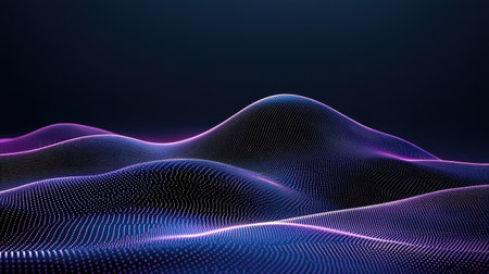 Stunning abstract digital landscape featuring vibrant neon waves and intricate light patterns. Ideal for technology-themed projects and artistic visuals.の素材