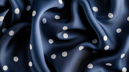 Explore the elegance of luxurious blue silk fabric adorned with white polka dots. Perfect for fashion, decor, and creative projects showcasing texture and style.の素材