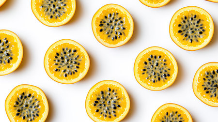 Bright yellow passion fruit slices are arranged on a white surface, showcasing their vibrant color and unique textures. Perfect for tropical-themed dishes or healthy snacks.の素材