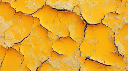 This detailed close-up image showcases a textured surface of cracked yellow paint, highlighting patterns of decay and the beauty of imperfection. Perfect for design projects.の素材