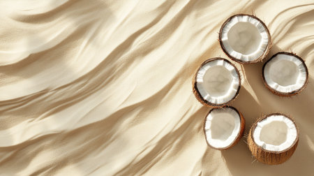 A vibrant display of sliced coconut halves resting on warm sandy beach. The gentle waves and sunlight create a tranquil tropical setting perfect for relaxation.の素材