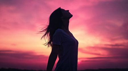 A captivating silhouette of a woman stands against a vibrant sunset sky filled with colorful clouds. The scene evokes feelings of tranquility and freedom.の素材