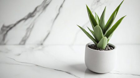 A vibrant green plant in a simple pot adds a touch of nature to a modern interior. The marble background enhances its beauty, creating a serene atmosphere.の素材