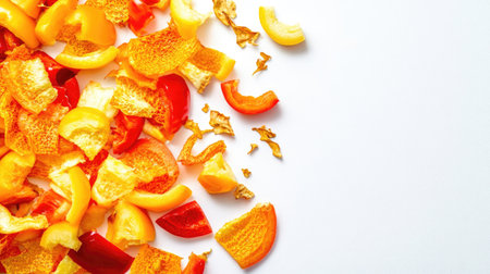 Bright and colorful peels of citrus fruits and bell peppers scattered on a white background. Perfect for highlighting healthy eating, sustainability, and culinary creativity.の素材