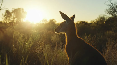 A serene silhouette of a kangaroo against a stunning sunrise in the Australian outback. The warm sunlight illuminates the landscape, highlighting natural beauty.の素材