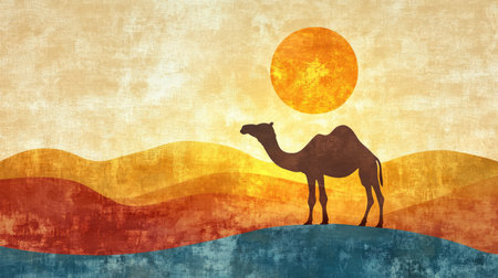 A stunning illustration featuring a camel silhouette against a warm sunset in the desert. Vibrant colors and gentle waves of sand create a serene atmosphere.の素材