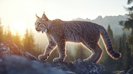 A beautiful lynx walks gracefully over rocky terrain during a serene sunrise. The soft sunlight highlights its fur, showcasing a perfect moment in the wild.の素材