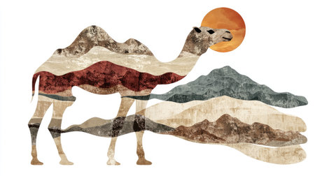 This artistic illustration features a camel silhouetted against a vibrant sunset, with mountains in the background. Ideal for use in travel and nature themes.の素材