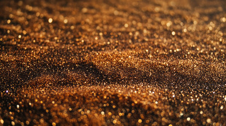 This image captures the enchanting beauty of shimmering golden glitter scattered over a sandy surface. The warm glow creates a magical and dreamy atmosphere, perfect for backgrounds.の素材