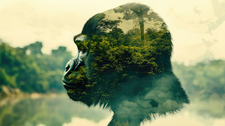 This stunning image features a majestic gorilla silhouette with a lush forest overlay. It represents the bond between wildlife and nature, emphasizing conservation.の素材