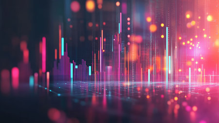 This abstract image features vibrant data visualization, showcasing colorful lines and glowing particles. Ideal for tech and finance themes.の素材