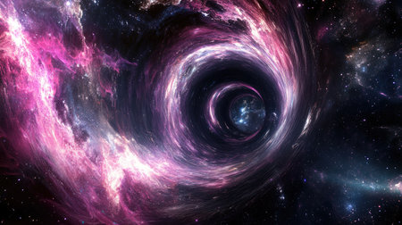 Dive into a mesmerizing cosmic scene featuring a vibrant vortex in deep space. With swirling pinks and purples, this digital artwork captures the beauty of the universe.の素材