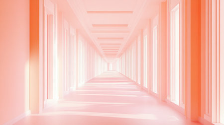 A serene minimalist corridor featuring soft pink light and open windows, creating an airy atmosphere that exudes tranquility and warmth, perfect for artistic projects.の素材