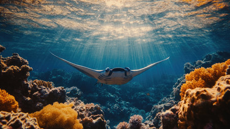 A manta ray glides gracefully over a colorful coral reef, illuminated by beams of sunlight filtering through the ocean waves, showcasing marine beauty.の素材