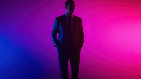A striking silhouette of a businessman stands confidently against a vibrant gradient background of pink and blue hues. This artistic image highlights modern elegance.の素材