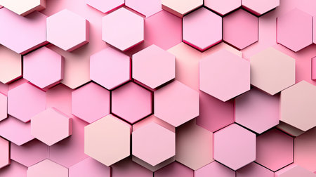 This image features a modern arrangement of soft pink hexagonal shapes, creating a visually appealing and contemporary abstract background perfect for design projects.の素材
