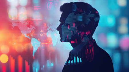 Abstract silhouette of a person against a dynamic digital background, symbolizing technology, data, and global connectivity in today's modern business landscape.の素材