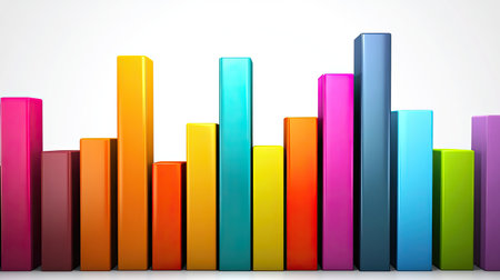 This vibrant bar graph features colorful 3D blocks to represent data visually. Ideal for business presentations, marketing materials, and educational content showcasing growth and performance trends.の素材