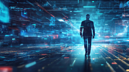 A silhouette of a businessman walks into a vibrant digital landscape, showcasing advanced technology and connectivity, symbolizing progress and innovation.の素材