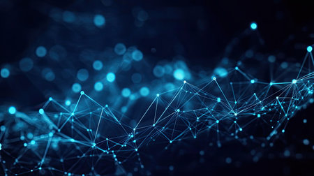 This abstract digital background features a wave of bright blue particles connected by lines, creating a futuristic and technological feel ideal for design and presentation.の素材